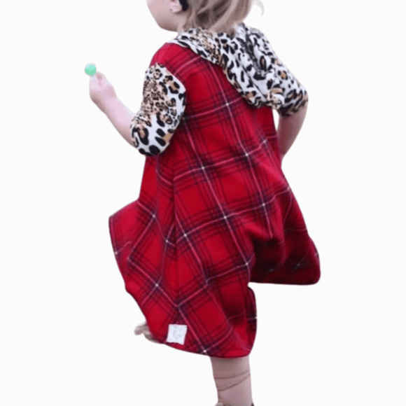 Christmas Toddlers Dress Long Sleeves Red Plaid Leopard Hood A-line Size 2T - Picture 4 of 7